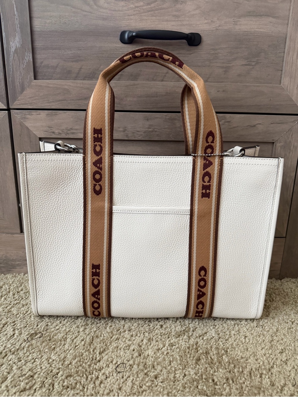 Coach White Pebbled Leather Tote with Brown Logo Webbing Straps - Picture 2 of 7